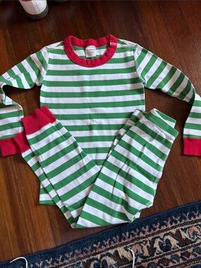Hanna Andersson Green & White Striped Pajama Set with Red Trim